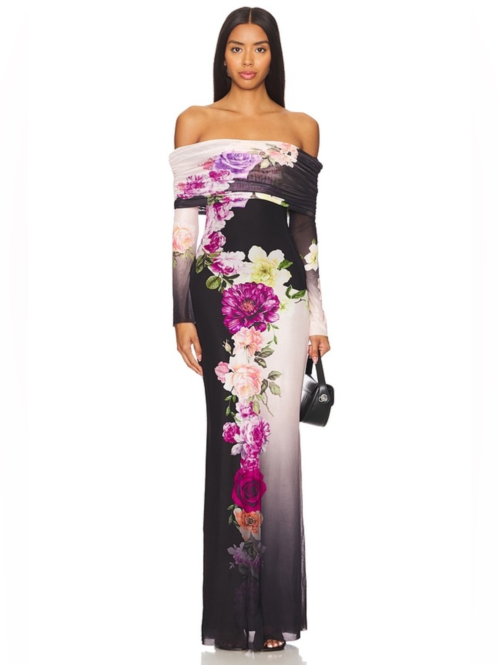 AFRM THELMA LONG SLEEVE OFF SHOULDER MESH FLORAL MAXI GOWN DRESS